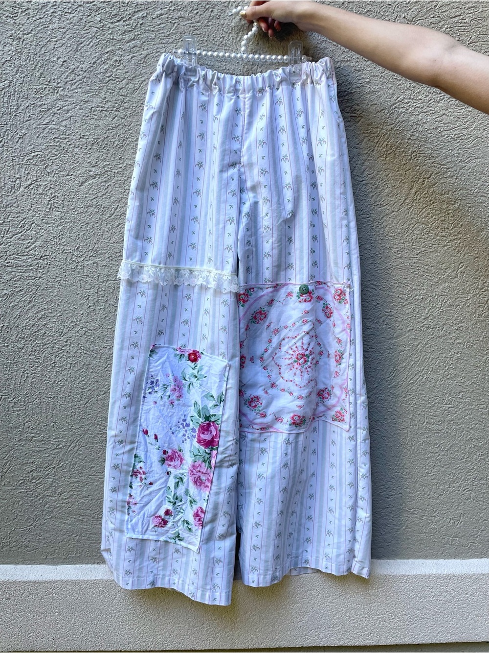 Cottagecore 100% cotton floral patchwork wide leg pants with lace & buttons